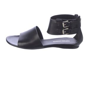 CNC Costume National Black Leather Ankle-Buckle Flat Sandals